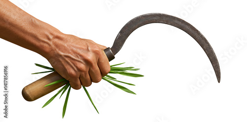 Harvesting crops with hand sickle tool agriculture and farming concept isolated on transparent background