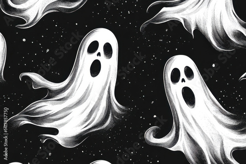 Black & white pattern with ghosts haunting a deserted mansion, creating an eerie atmosphere with shadows cast on crumbling walls.