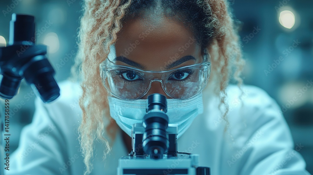 Focused Scientist Analyzing Samples Through Microscope with Safety Gear Focused Scientist Analyzing Samples Through Microscope with Safety Gear