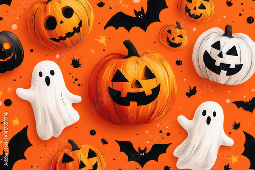 Glowing Halloween pumpkins surrounded by friendly ghost decorations in a festive, spooky setting.