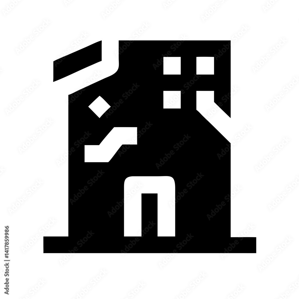 Icon of a damaged building to signify destruction or disrepair Icon of a damaged building to signify destruction or disrepair