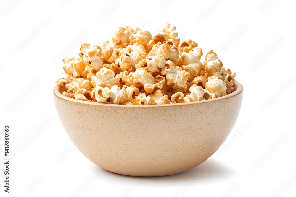 Caramel Popcorn in a Beige Bowl on White Background Close Up, Detailed View Caramel Popcorn in a Beige Bowl on White Background Close Up, Detailed View