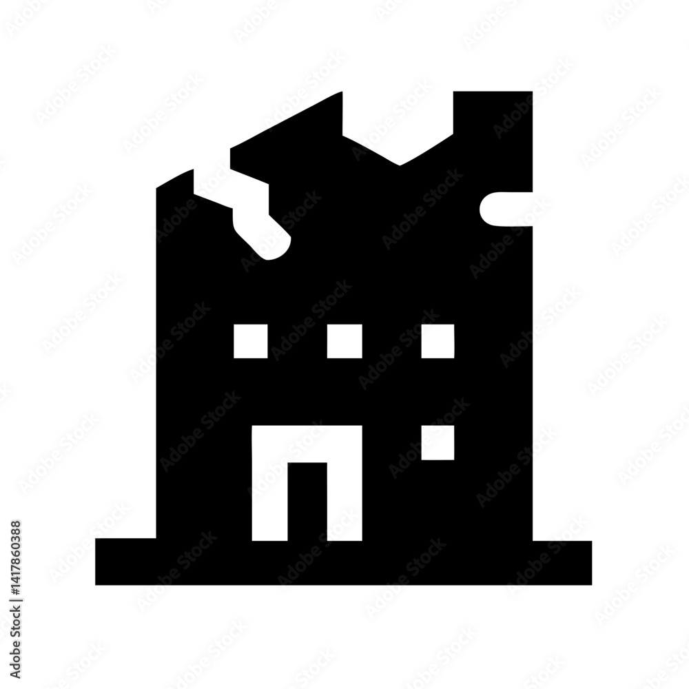 Icon of a damaged building to signify destruction or disrepair Icon of a damaged building to signify destruction or disrepair