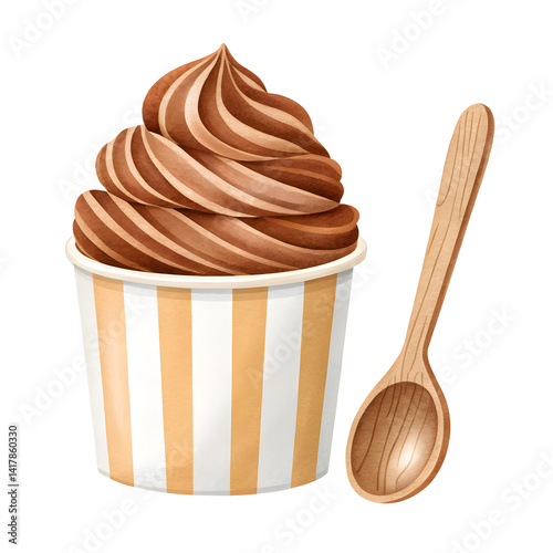 Ice cream watercolor concept, Delicious swirled chocolate soft serve in a striped cup with a wooden spoon.