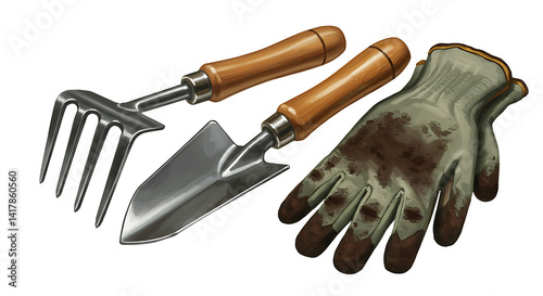 Gardening tools set with trowel rake and protective glove for planting isolated on transparent background