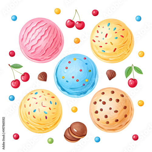 Ice cream watercolor concept, Colorful ice cream scoops surrounded by cherries and candies.