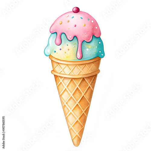 Ice cream watercolor concept, Colorful ice cream cone with pink and blue scoops on a waffle cone.