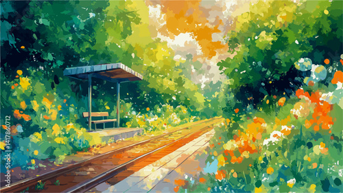 Scenic view of an idyllic train station nestled amidst vibrant blossoms and verdant foliage, bathed in the warm glow of golden hour sunlight