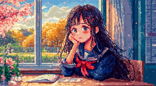 Pixel art depicts a wistful student contemplating a serene outdoor scene from a classroom window, adorned with cherry blossoms