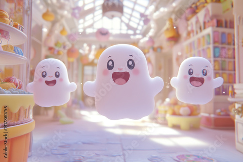 White cloud with two small white ghosts in room.