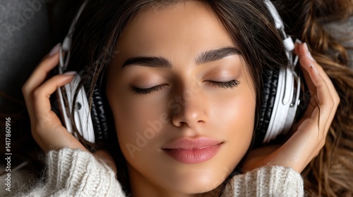 A woman is wearing headphones and appears to be listening to music