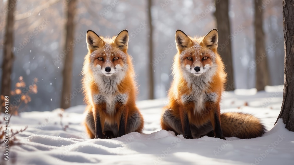 Obraz premium two foxes sitting in the snow in a forest with snow falling, foxes, fox animal, ultra realistic picture, cute fox
