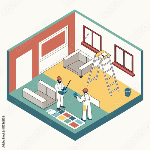 Painting walls service interior vector 3D isometric illustration, job professional renovation, residential flat renovate, apartment or house interior decoration.