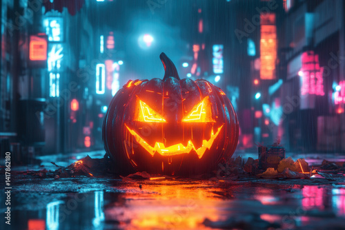 A Halloween pumpkin in the city square, illuminated by streetlights, surrounded by buzzing crowds in festive costumes.