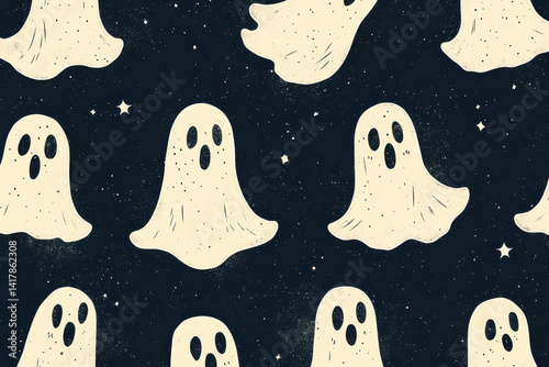 Pattern of ghosts on black background, varying sizes and expressions, eyes glowing, floating in different directions, creating eerie yet captivating atmosphere.
