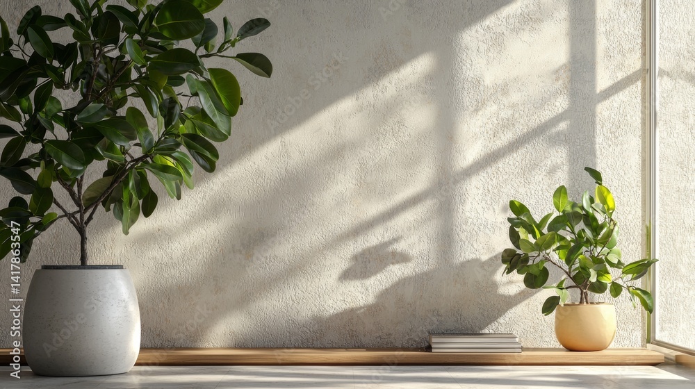 Neutral minimalist interior with green plants in soft light