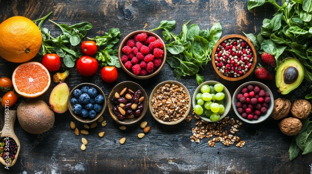 Colorful fruits and vegetables arranged in bowls on wooden table Colorful fruits and vegetables arranged in bowls on wooden table