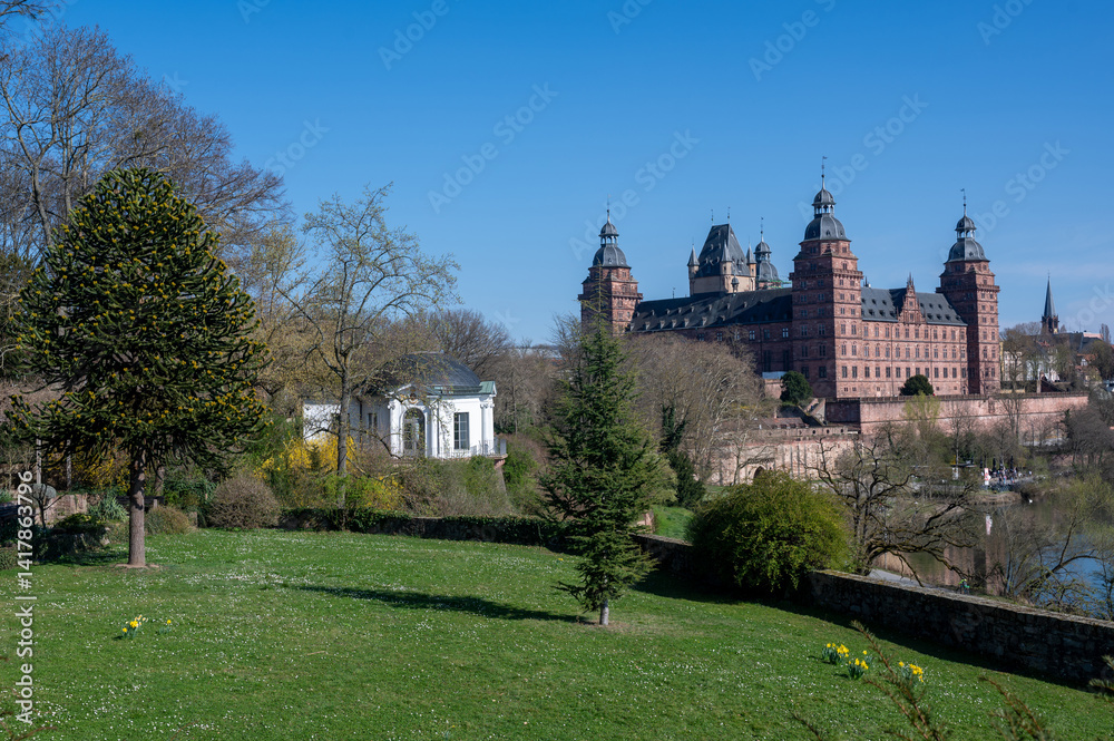 Aschaffenburg Castle with a small temple building by the river Aschaffenburg Castle with a small temple building by the river