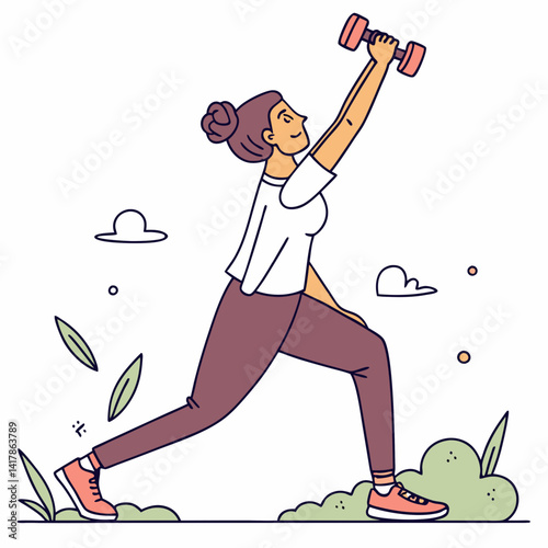 Sport with Woman Character Lift Dumbbell Engaged in Physical Activity Vector Illustration