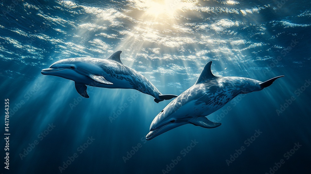 Obraz premium Two dolphins swim gracefully underwater, bathed in sunlight from above