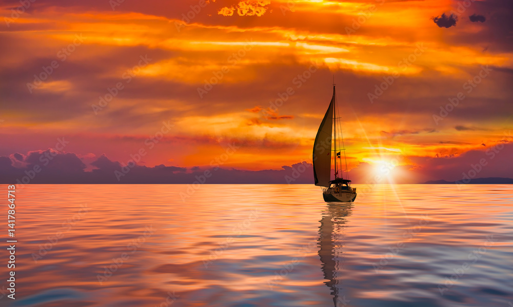 Yacht sailing in open sea at stormy day at sunset - Anchored sailing yacht on calm sea with tropical storm