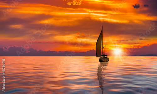 Obraz na płótnie Yacht sailing in open sea at stormy day at sunset - Anchored sailing yacht on calm sea with tropical storm w salonie