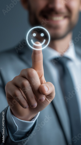 A smiling businessman confidently selects a digital smiley face, symbolizing positive feedback and customer satisfaction with a soft-focus background.