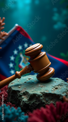 Ziricote gavel with coral over Belizean flag. Caribbean legal symbolism with aquatic lighting. photo