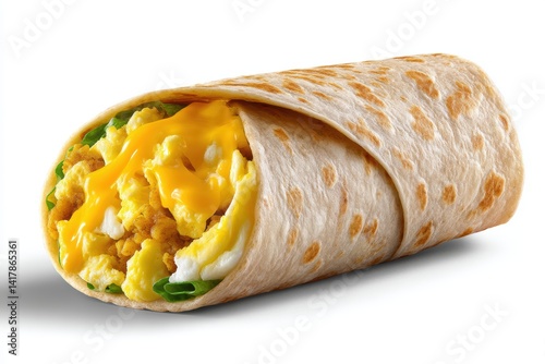Delicious breakfast burrito on white background featuring scrambled eggs melted cheddar cheese and greens