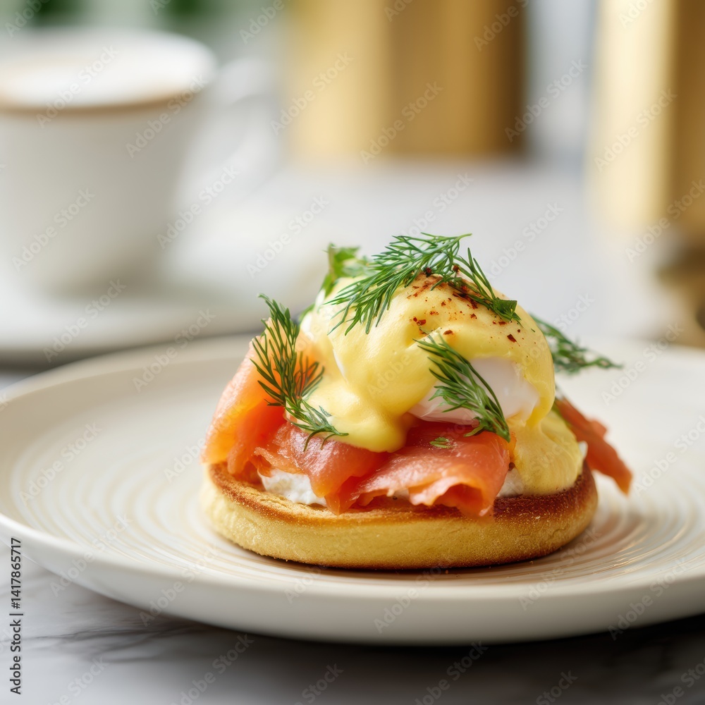 Appetizing Salmon Eggs Benedict Delightful Brunch Indulgence Close up Shot on Plate with Delicious Hollandaise Sauce and Dill Appetizing Salmon Eggs Benedict Delightful Brunch Indulgence Close up Shot on Plate with Delicious Hollandaise Sauce and Dill