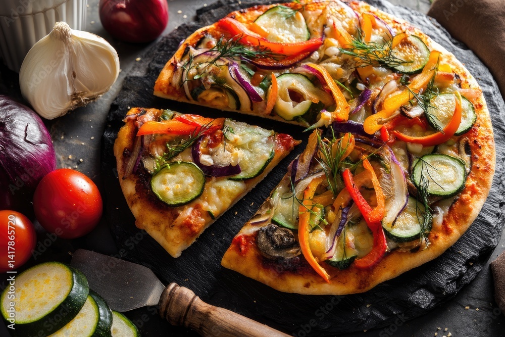 Vegan pizza with colorful vegetables on a stone plate