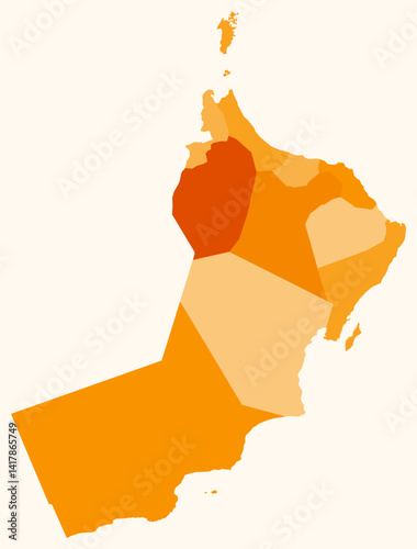 Map of Oman with regions. Just a simple country border map with region division. Orange color palette. Blank Oman shape with administrative division. Vector illustration.
