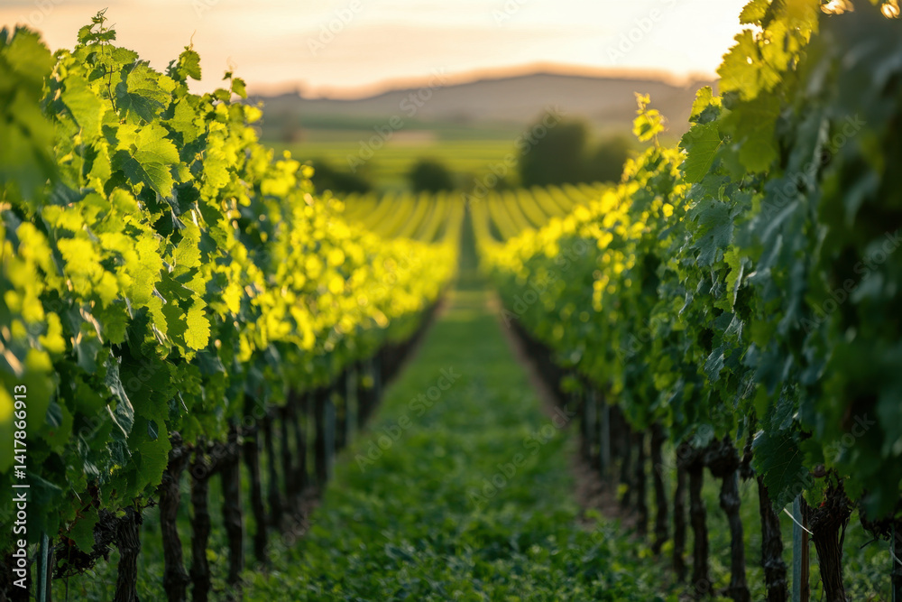 Fototapeta premium Green vines in a vineyard stretching into the distance, under a clear blue sky with fluffy white clouds.