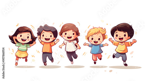 Cheerful Children Jumping in Vector Illustration Isolated on White Background