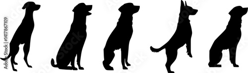 Five black silhouettes of dogs sitting, standing and begging, creating a simple yet expressive design