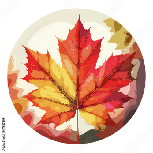 Circular artistic rendering of vibrant red and yellow maple leaf on soft background