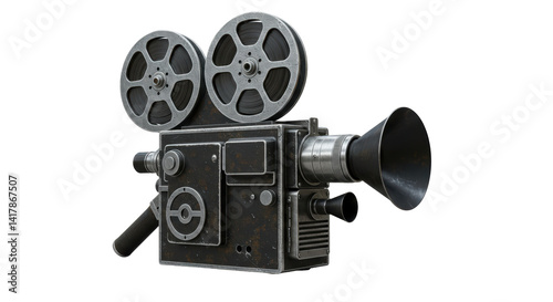 Isolated Vintage Movie Camera with Reels and Lens