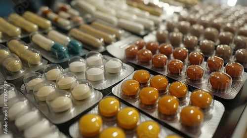 Assorted pharmaceutical pills and capsules in blister packs on a table