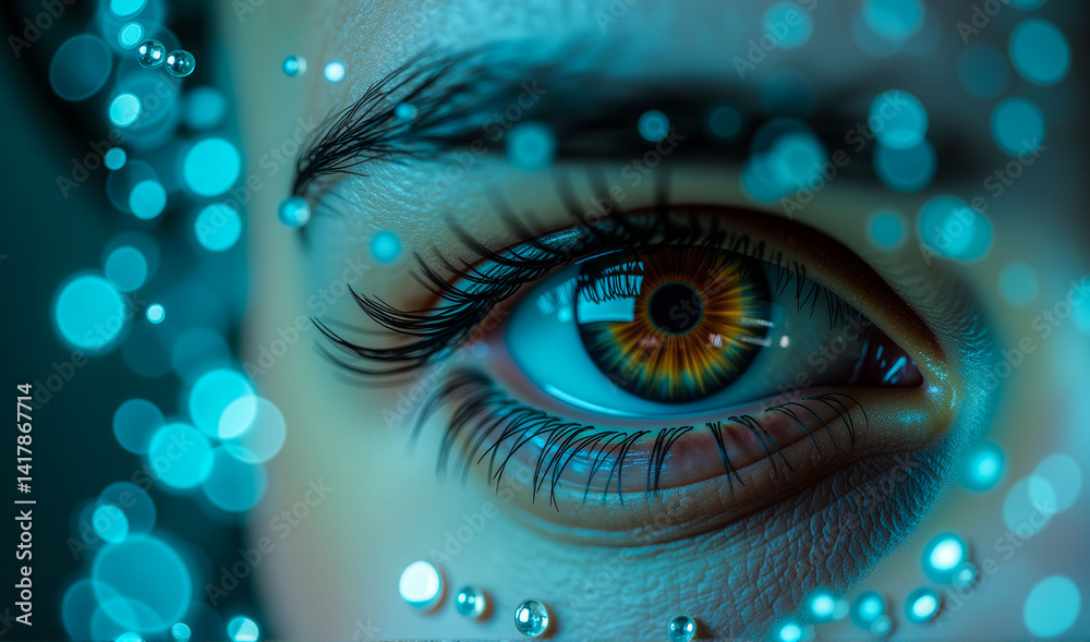 Fototapeta premium A woman's eye is shown in a blue and purple background with a lot of sparkles. The eye is surrounded by a lot of glitter and the background is a mix of blue and purple