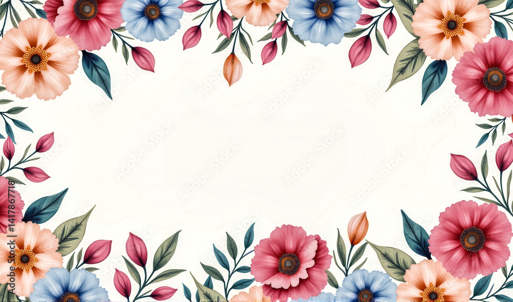 Obraz premium A colorful flower border with a white background. The flowers are pink, blue, and yellow. The border is made up of various flowers and leaves