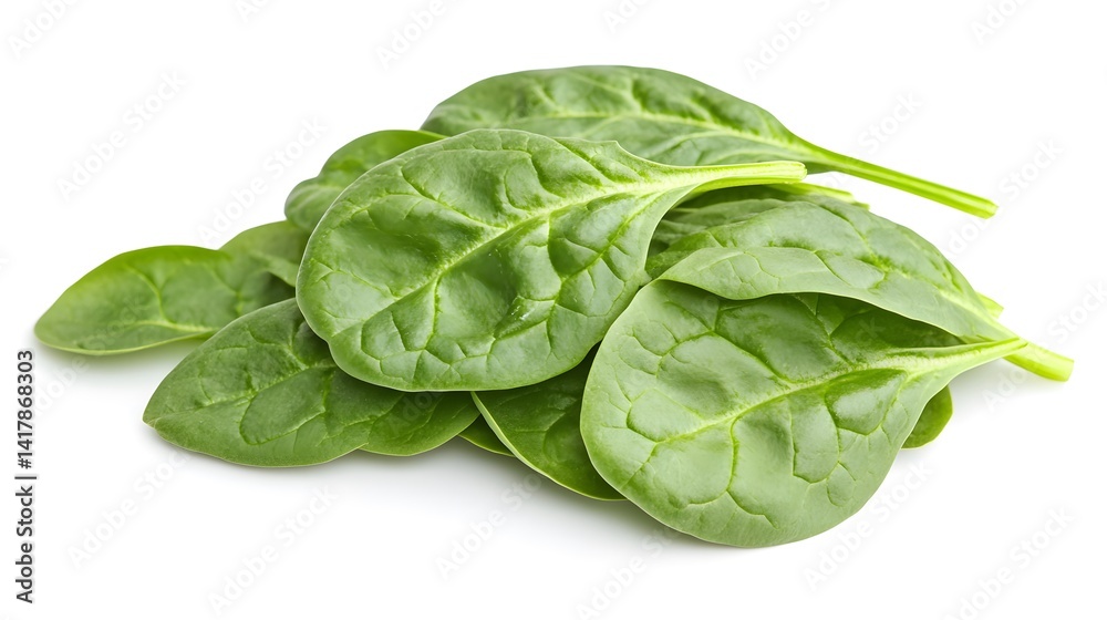 Obraz premium A handful of fresh, vibrant green spinach leaves isolated on a white background. Perfect for healthy eating and cooking themes.