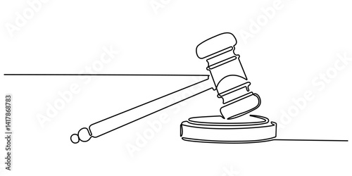 Continuous line drawing of the judge's hand tapping the gavel. One continuous single drawing line art flat doodle judge, court, gavel, law, legal, justice, hammer, gavel in the judge. Editable stroke.