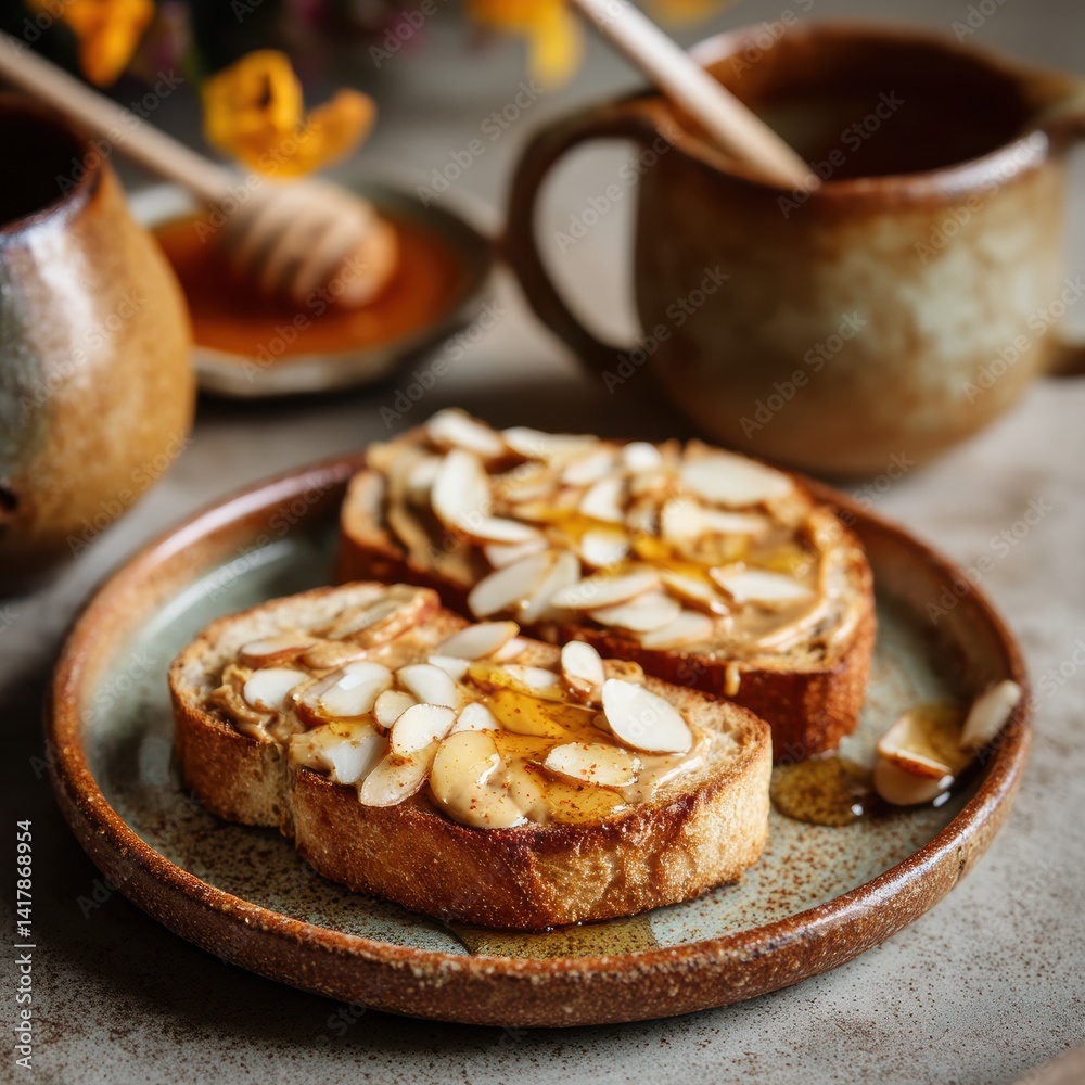 Delicious toast with almond and peanut butter adorned with honey creating a cozy and rustic morning scene Delicious toast with almond and peanut butter adorned with honey creating a cozy and rustic morning scene
