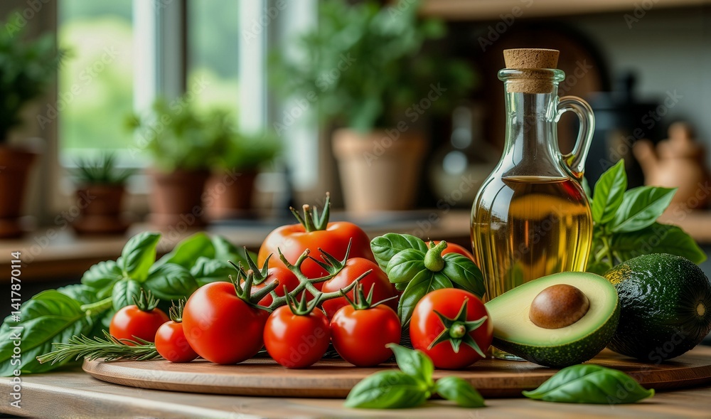 A table with a variety of vegetables including tomatoes, avocados, and basil. The table is set up for a meal, and the vegetables are fresh and colorful A table with a variety of vegetables including tomatoes, avocados, and basil. The table is set up for a meal, and the vegetables are fresh and colorful