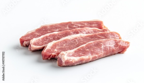 Four raw pork ribs are arranged on a white surface in a studio shot.