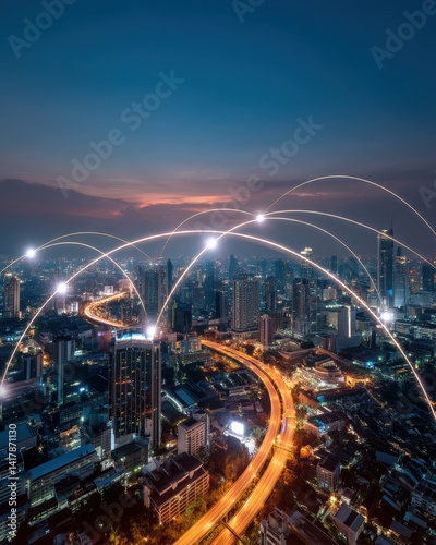 Connected Cityscape at Dusk High Angle View of Urban Area with Data Network Lines Visualizing Connectivity