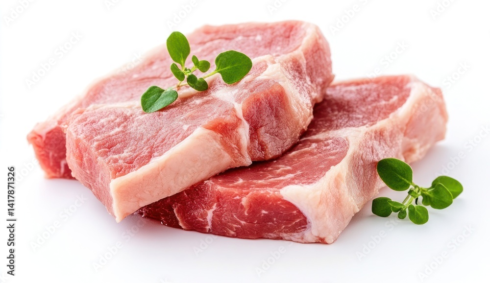 Two raw pork chops with green herbs on a white background. Two raw pork chops with green herbs on a white background.