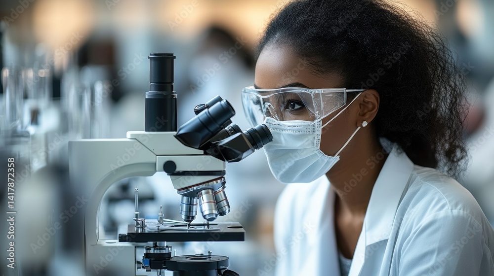 Female scientist examines sample through microscope with lab equipment in modern laboratory Female scientist examines sample through microscope with lab equipment in modern laboratory