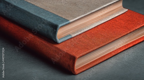 Two hardbound books stacked elegantly on a gray surface with a low angle view showing a focus on colors