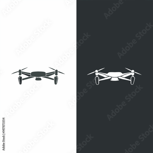Drone silhouette on black and white background modern aerial technology icon